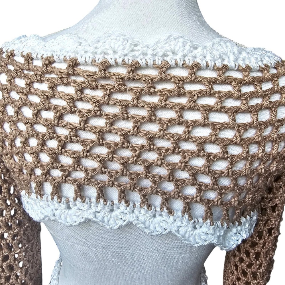 Handmade Crochet Festival Set, Bell Sleeve Front Tie Shrug & Mini Skirt, Taupe - Picture 4 of 14